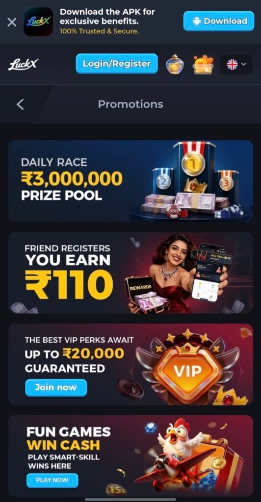 LUCKX online gaming platform homepage with modern design, game categories, and promotional offers.