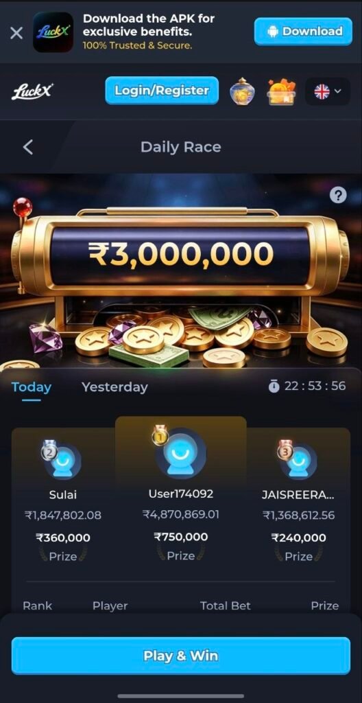 LUCKX gaming platform with interactive game lobby, bonus rewards, and mobile-optimized design.